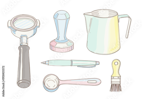 Espresso machine accessories including portafilter, tamper, pitcher, scoop, and brush