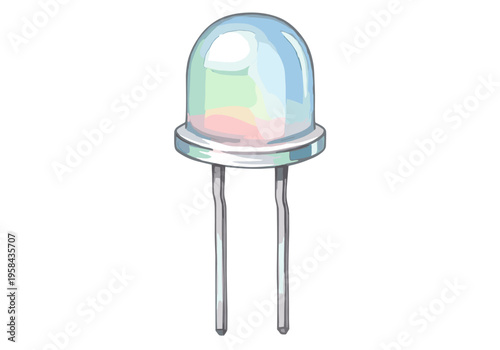 Single diode light emitting component with two metal leads on white background