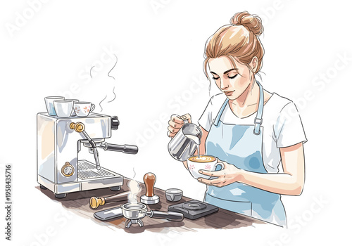 Barista skillfully prepares latte art with espresso machine and milk pitcher