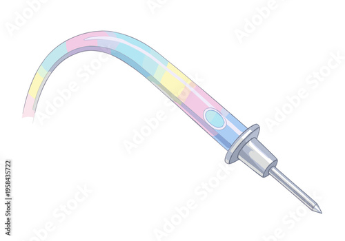 Whimsical pastel rainbow curved tool with sharp point and silver handle