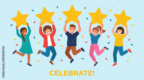 Five diverse people jumping with joy, holding golden stars, surrounded by colorful confetti, celebrating success or achievement.