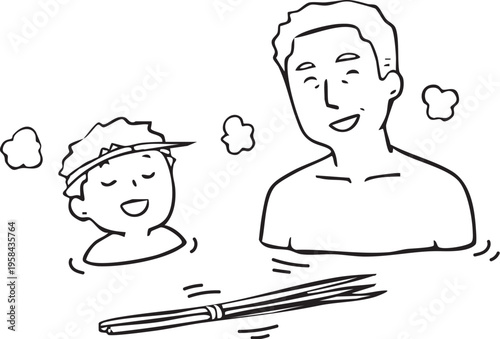 菖蒲湯に浸かるおじいちゃんと孫_線画