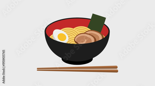 A vibrant illustration of a traditional Japanese ramen bowl with noodles, chashu pork, a boiled egg, and nori, accompanied by chopsticks.