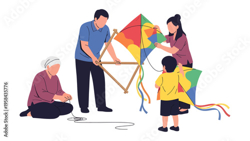 Family Bond and Kite Fun: A multi-generational family joyfully prepares and plays with kites, symbolizing togetherness, happiness, and shared experiences. 
