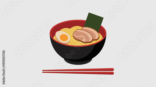 A vibrant illustration of a delicious bowl of Japanese ramen noodles with chashu pork, a soft-boiled egg, and nori seaweed, accompanied by red chopsticks.