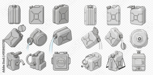 Set of gray plastic and metal jerrycans for fuel storage, isolated on transparent background.