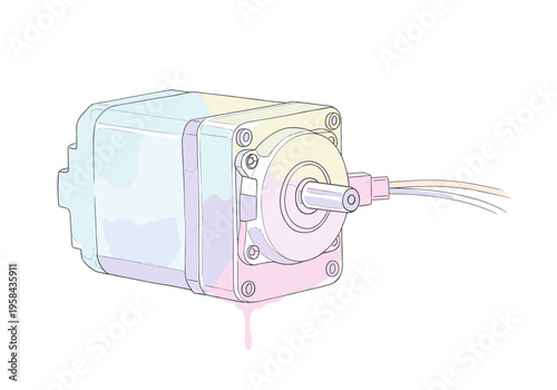Detailed illustration of a compact electric motor with wires and a rotating shaft