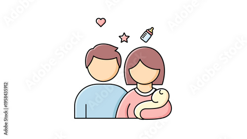 Young family with newborn baby flat line illustration.