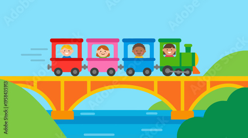 A colorful cartoon train with four cars carrying happy children crosses an orange bridge over blue water between green hills.