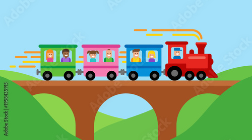 Cartoon train with colorful cars carrying happy passengers crossing a bridge over green hills under a blue sky.