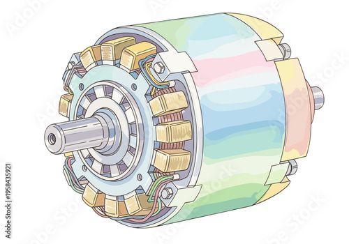 Detailed illustration of an electric motor's internal components and wiring