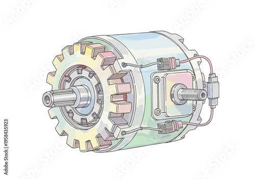 Detailed illustration of an electric motor with visible internal components and wiring