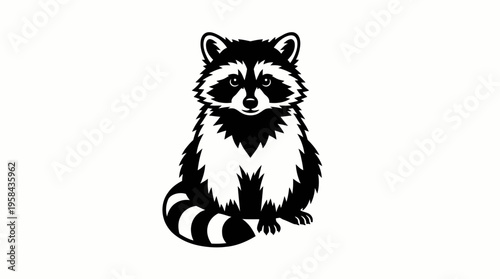 Black and white graphic illustration of a cute raccoon sitting, facing forward with its characteristic mask and striped tail.