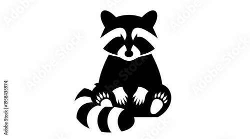 Stylized black and white illustration of a sitting raccoon with its distinctive masked face and striped tail.