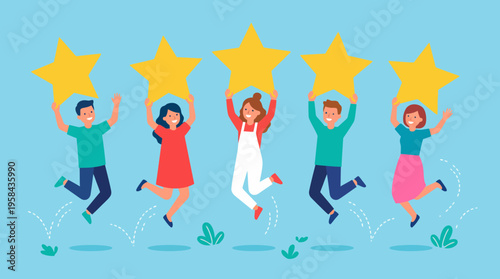 Five happy diverse people jumping and holding up golden stars, symbolizing excellent feedback and customer satisfaction.