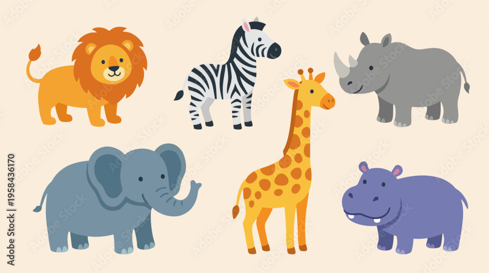 Fototapeta premium A collection of six cute cartoon safari animals including a lion, zebra, rhinoceros, elephant, giraffe, and hippopotamus on a light background.