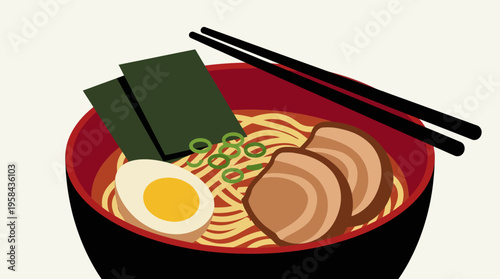 A vibrant illustration of a traditional Japanese ramen bowl with noodles, pork slices, a boiled egg, nori seaweed, and green onions, served with chopsticks.