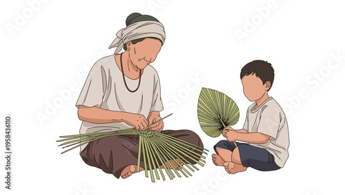 Generational Craftsmanship: A senior woman patiently teaches a young boy the age-old art of weaving. This scene portrays the nurturing relationship between generations.