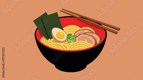 A vibrant illustration of a classic Japanese ramen bowl with noodles, chashu pork, egg, nori, and green onions, accompanied by chopsticks.