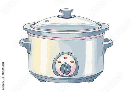Hand-drawn illustration of a modern slow cooker with a glass lid and control dial