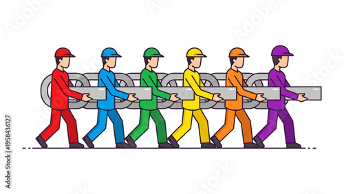 Teamwork and Interconnection:  A group of individuals in diverse attire unitedly carries a massive chain link, symbolizing collaboration and the strength found in interconnectedness.