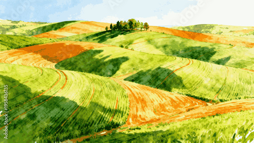 Lovely Country View Colorful Countryside Hills isolated watercolor vector illustration svg