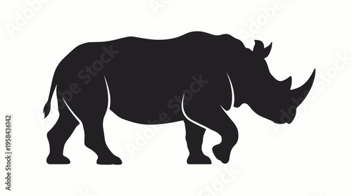 A striking black silhouette of a rhinoceros walking, depicted in a side profile against a clean white background.