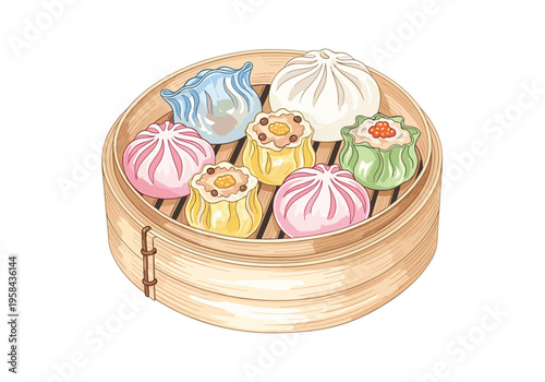 Assortment of delicious dim sum dumplings served in a traditional bamboo steamer basket