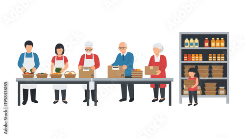 Community Support and Care: A dedicated group of volunteers comes together to package essential supplies, embodying the spirit of community service and offering a helping hand to those in need.