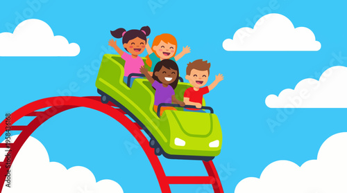 Four happy children enjoying a thrilling ride on a green roller coaster under a bright blue sky with white clouds.