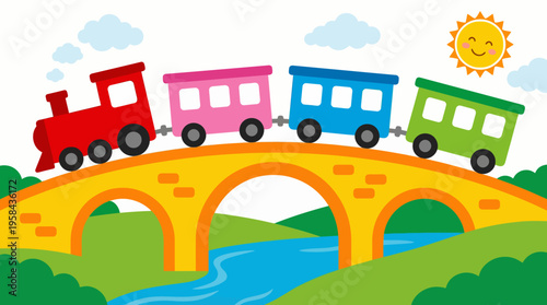 A colorful cartoon train with a red engine and three carriages crossing a yellow arched bridge over a blue river with green banks under a smiling sun.