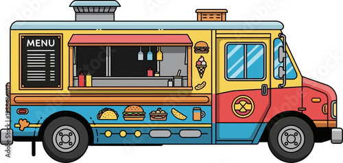 Vibrant food truck with menu graphics