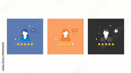 Three distinct panels illustrating customer feedback, user reviews, and rating systems with person icons and five stars, symbolizing excellent service or product satisfaction.