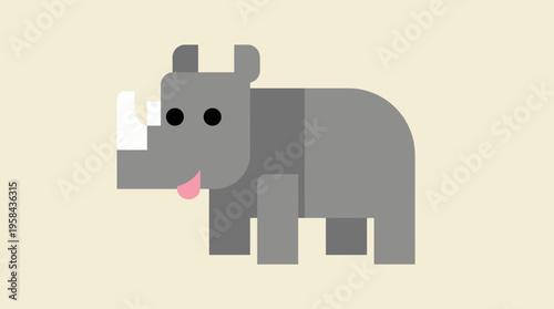 A charming and minimalist flat design illustration of a grey rhinoceros with a white horn and a pink tongue on a light beige background.