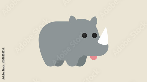 A cute, minimalist cartoon rhinoceros with a pink tongue sticking out on a plain background.