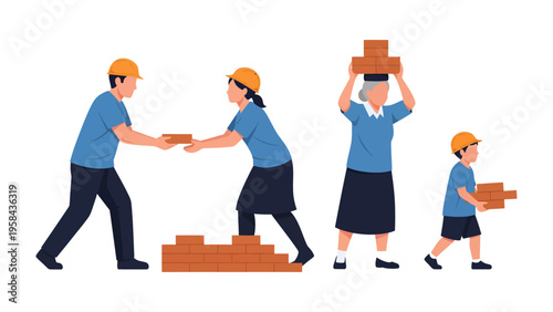 Constructive Bonds: A multigenerational family, united by purpose, collaboratively builds a structure, symbolizing family unity, hard work, and shared accomplishment.