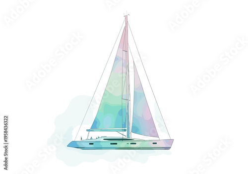 Modern sailing yacht with colorful sails on a white background