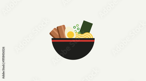 Minimalist flat design illustration of a delicious bowl of Japanese ramen noodles with pork, egg, and seaweed.