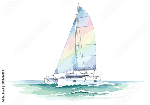 Modern catamaran sailboat with colorful sails gliding on turquoise ocean waves