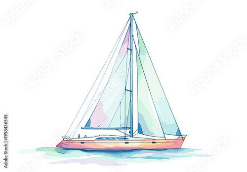 Modern sailboat with colorful sails gliding on blue water