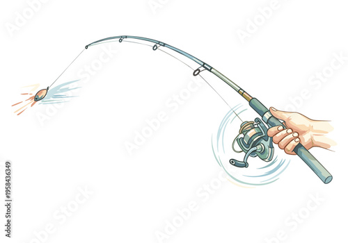 Hand holding fishing rod with spinning reel and lure in water