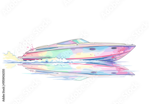 Colorful speed boat sailing on water with reflection and splashes