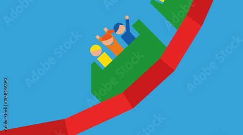A minimalist graphic illustration depicting three stick figures enjoying a thrilling ride on a green roller coaster car along a red track.