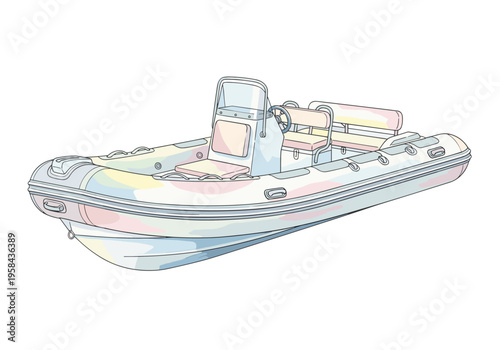 Modern inflatable boat with steering console and passenger seating for water activities