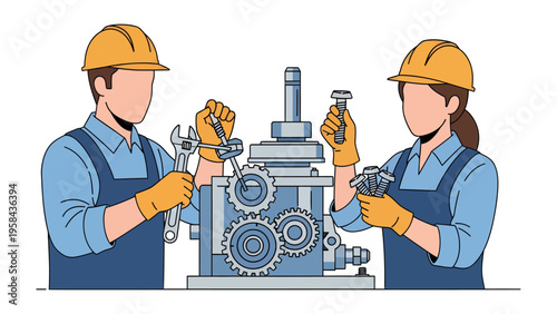 Mechanic Team Assembling Machine: Two skilled mechanics in hard hats and workwear are shown assembling a complex industrial machine with gears and tools.