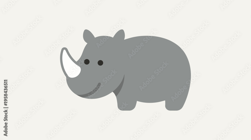 Obraz premium Simple flat design illustration of a grey rhino with a white horn and a happy expression on a plain background.
