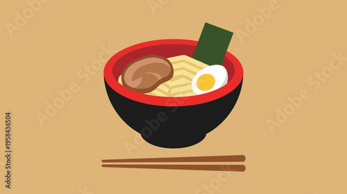 A minimalist illustration of a delicious bowl of ramen noodles with egg, mushroom, and seaweed, served with chopsticks on a simple background.