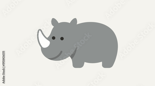 Simple flat design illustration of a grey rhino with a white horn and a happy expression on a plain background.
