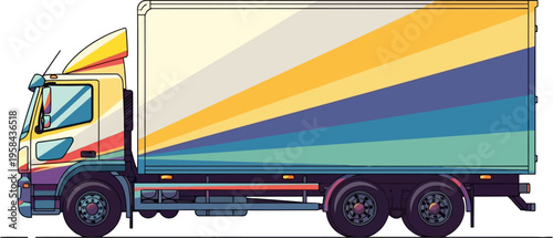 White box truck with colorful diagonal stripes