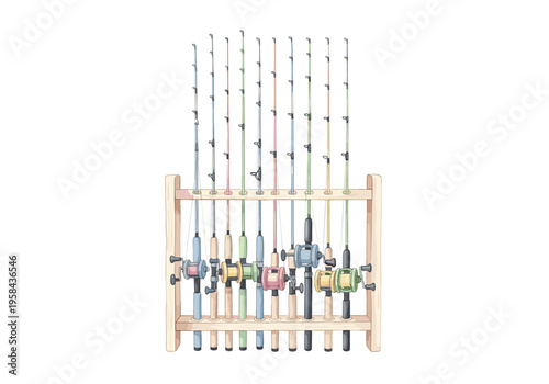 Collection of colorful fishing rods neatly organized in a wooden stand